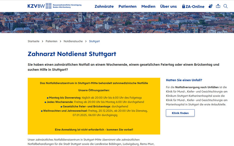 Screenshot Website des Notdienstes
